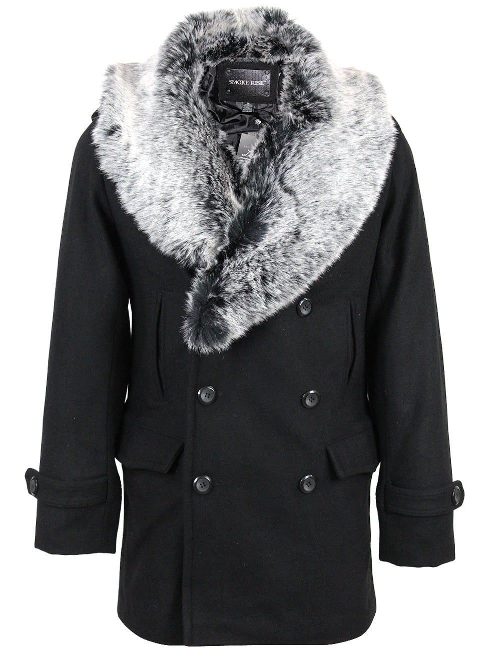 Smoke Rise Faux Fur Trimmed Wool Peacoat for Men JJ9098 Black - Walmart.com