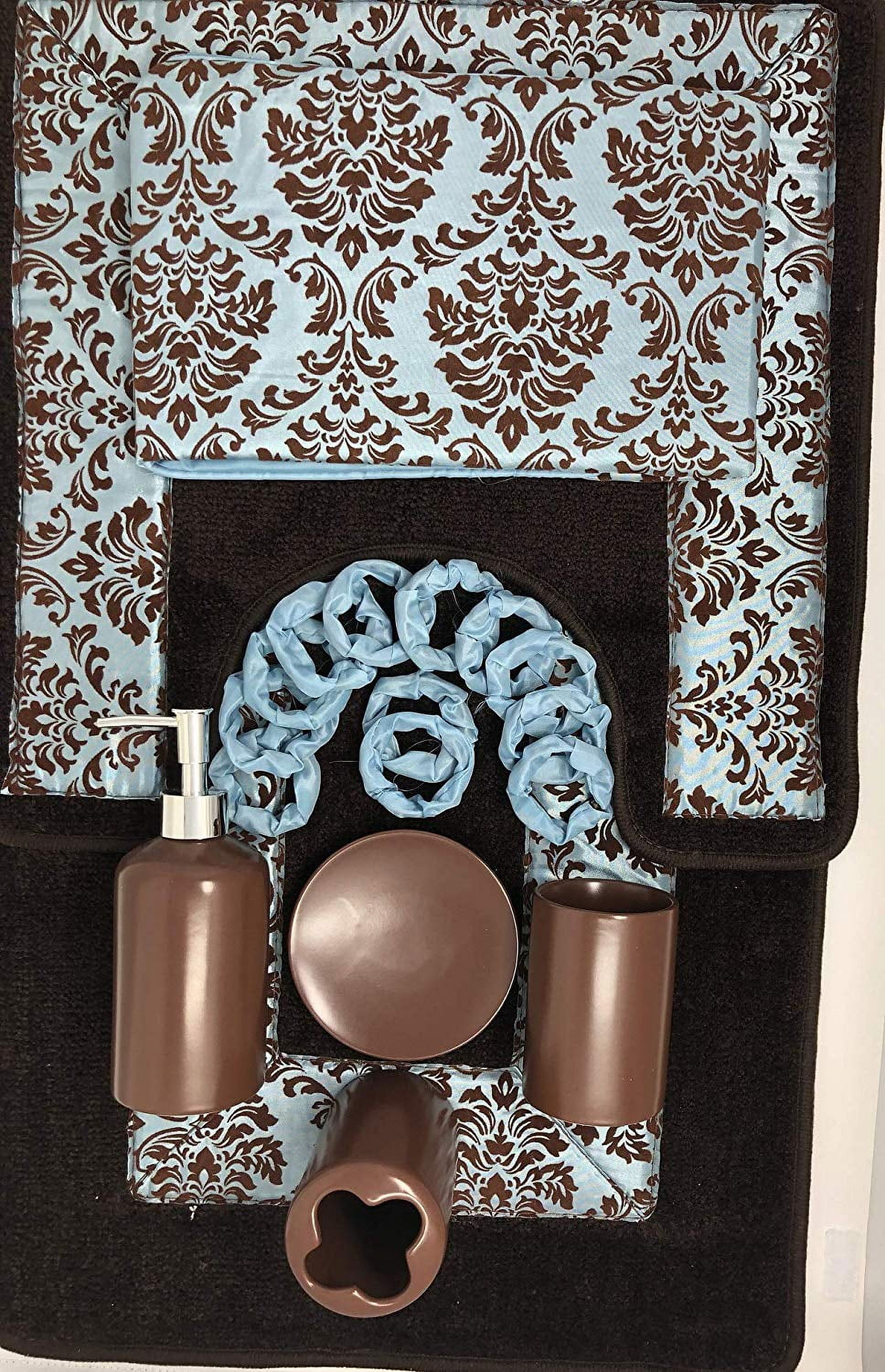 WPM 19 Piece Flocking Ceramic Bathroom Linen & Accessory Set with Bath Mat, Rug, Shower Curtain, Rings