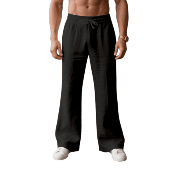 LWavelet Mens Linen Wide Leg Pants Elastic Waist Drawstring Summer Casual Pants Black M