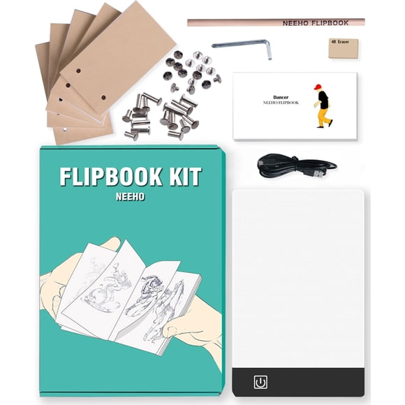Neeho Flipbook Kit con panel de luz para dibujar y calcar con 300 hojas de papel Flipbook preperforado de primera calidad Caja de luz LED para hacer flipbooks de animación con tornillos de encuadernac