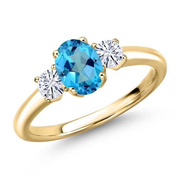 Gem Stone King 10K Yellow Gold American Blue Mystic Topaz and White Moissanite Engagement Ring for Women | 1.32 Cttw | Oval 7X5MM | Gemstone November Birthstone | Size 8