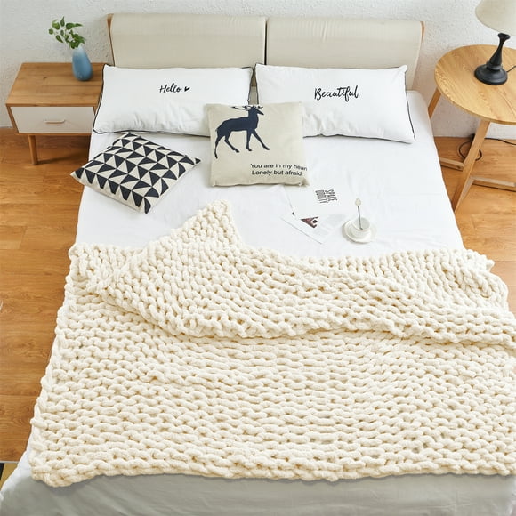 MODENNA Chunky Knit Blanket Throws Chenille Yarn, Hand Knit Throw Blanket Chunky Braided Blanket, Milk White, 50"x60"