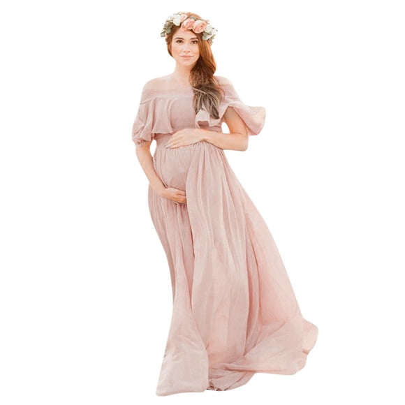 Kcodviy Women Pregnants Maternity Photography Maternity Gowns Props Short Sleeve Ruffles Maternity Evening Gown Solid Dress