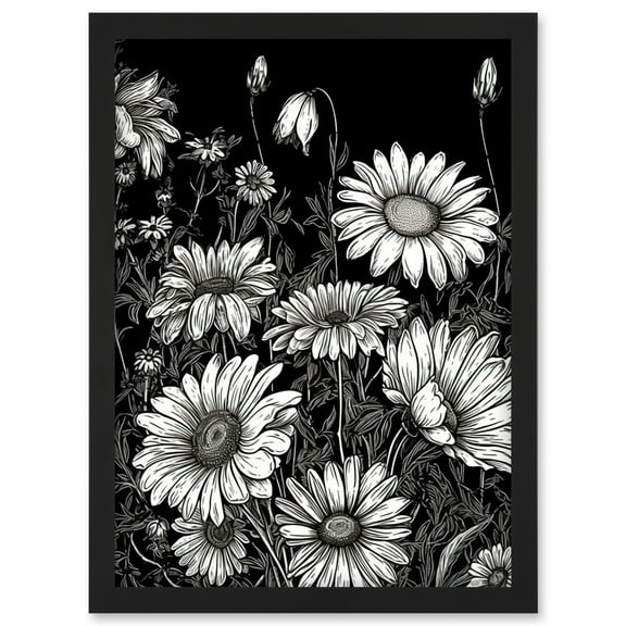 Daisy Flower Field Black and White Illustration Artwork Framed Wall Art Print A4