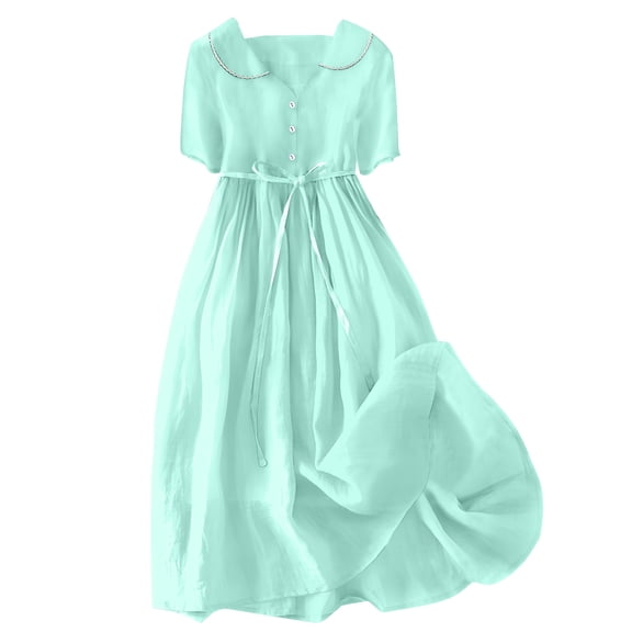 QQAMB Wedding Guest Dresses for Women V-Neck Short Sleeve Boho Dress Swing Loose Summer Dress Lightweight Sundresses Green M