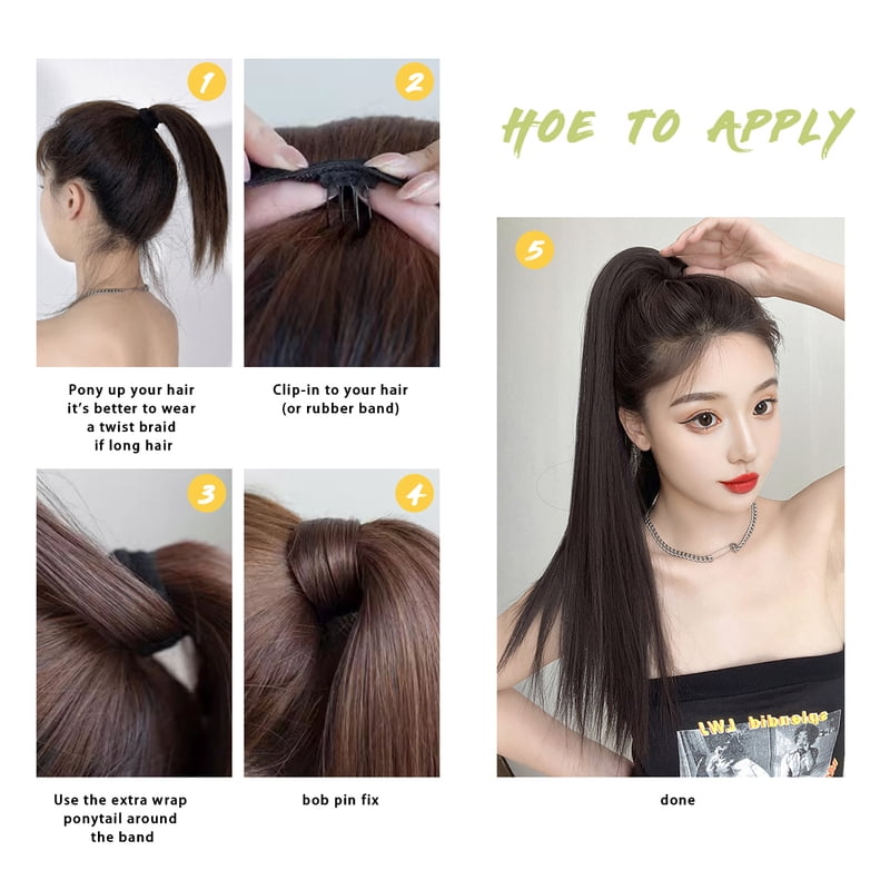 Premium Synthetic Straight Daily Ponytail Hair Extension Clip in Hairpiece  Smooth Overhead Pony Tail Wrap Around Pigtail P001