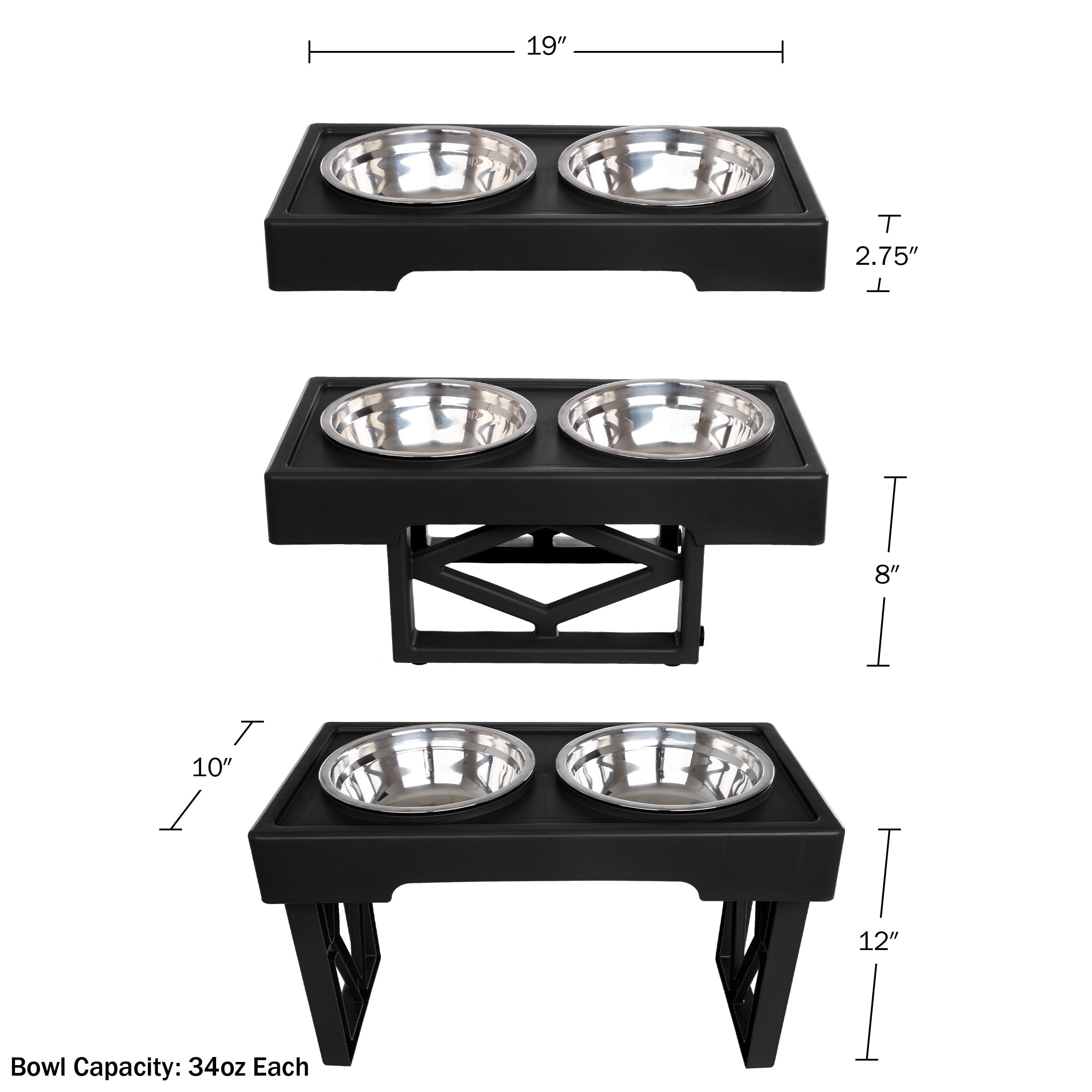 PETMAKER Elevated Dog Bowls - 3 Height Adjustable Dog Bowl Stand (Black)