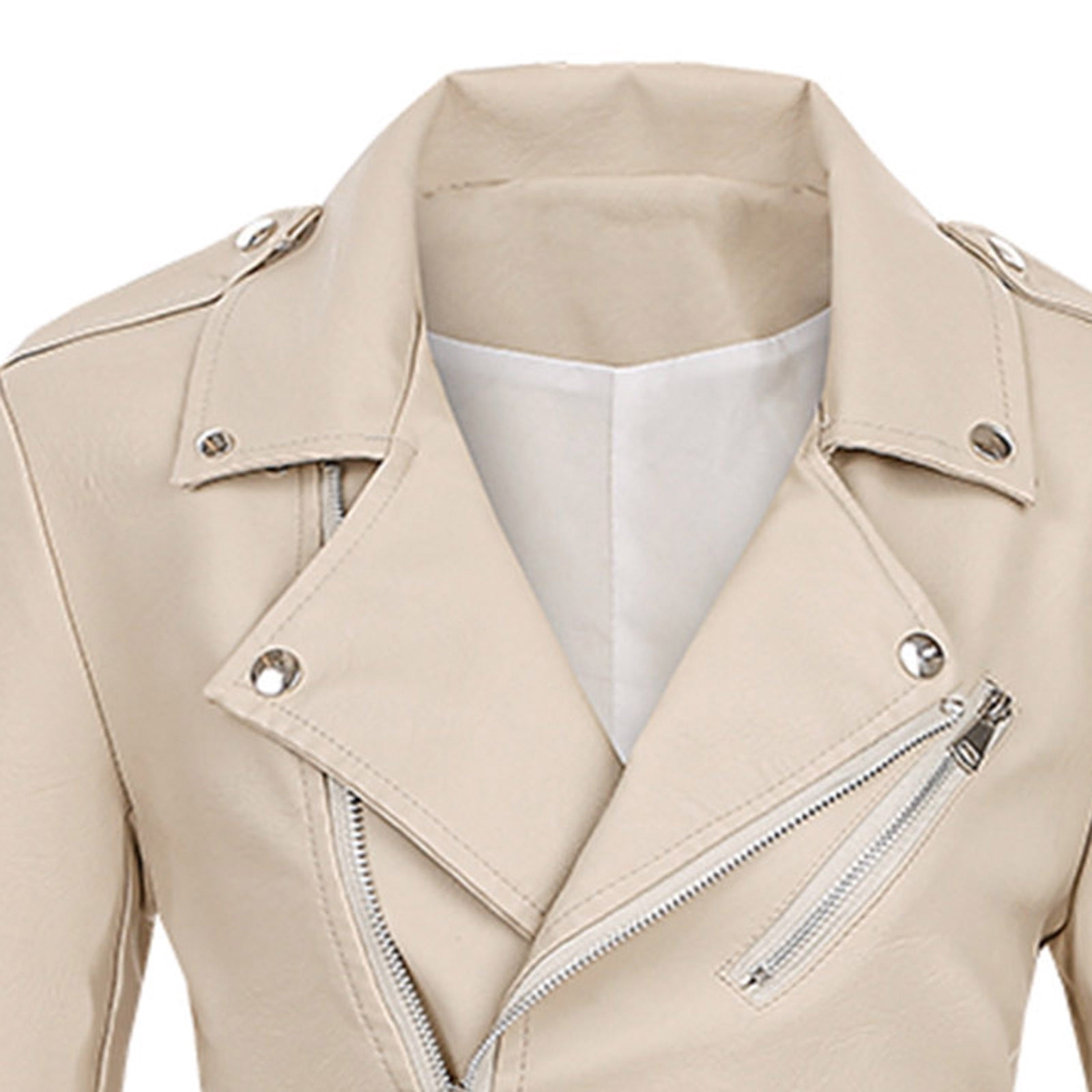 IROINNID Women's Faux Leather Jacket Long Sleeve Notch Lapel Casual Biker Zip Up Jacket,Beige