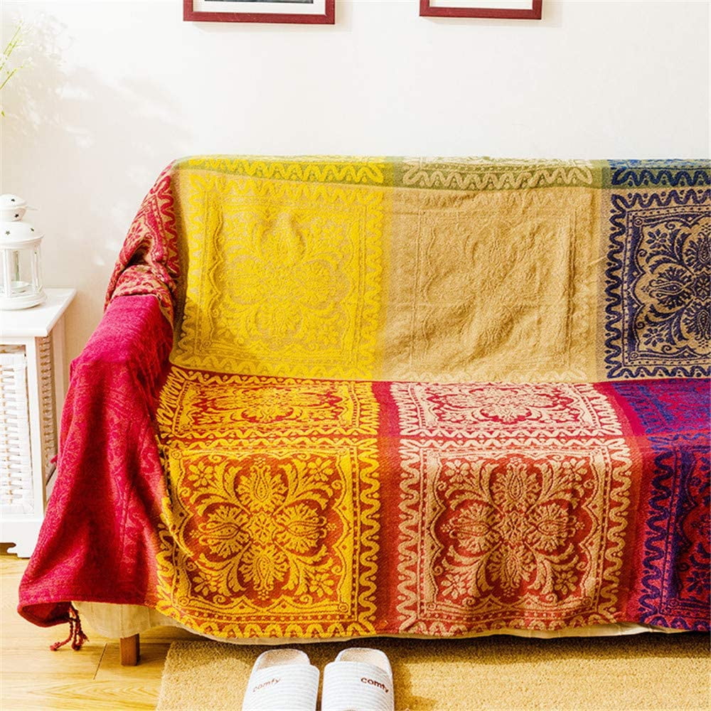 Colorful Boho Throw Blanket for Couch, Chenille Jacquard Reversible