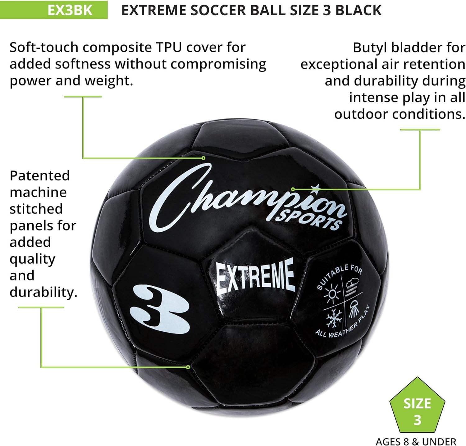 Champion Sports Extreme Series Soccer Ball, Size 3 - Youth League, All Weather, Soft Touch, Maximum Air Retention - Competitive and Recreational Futbol Games, Black