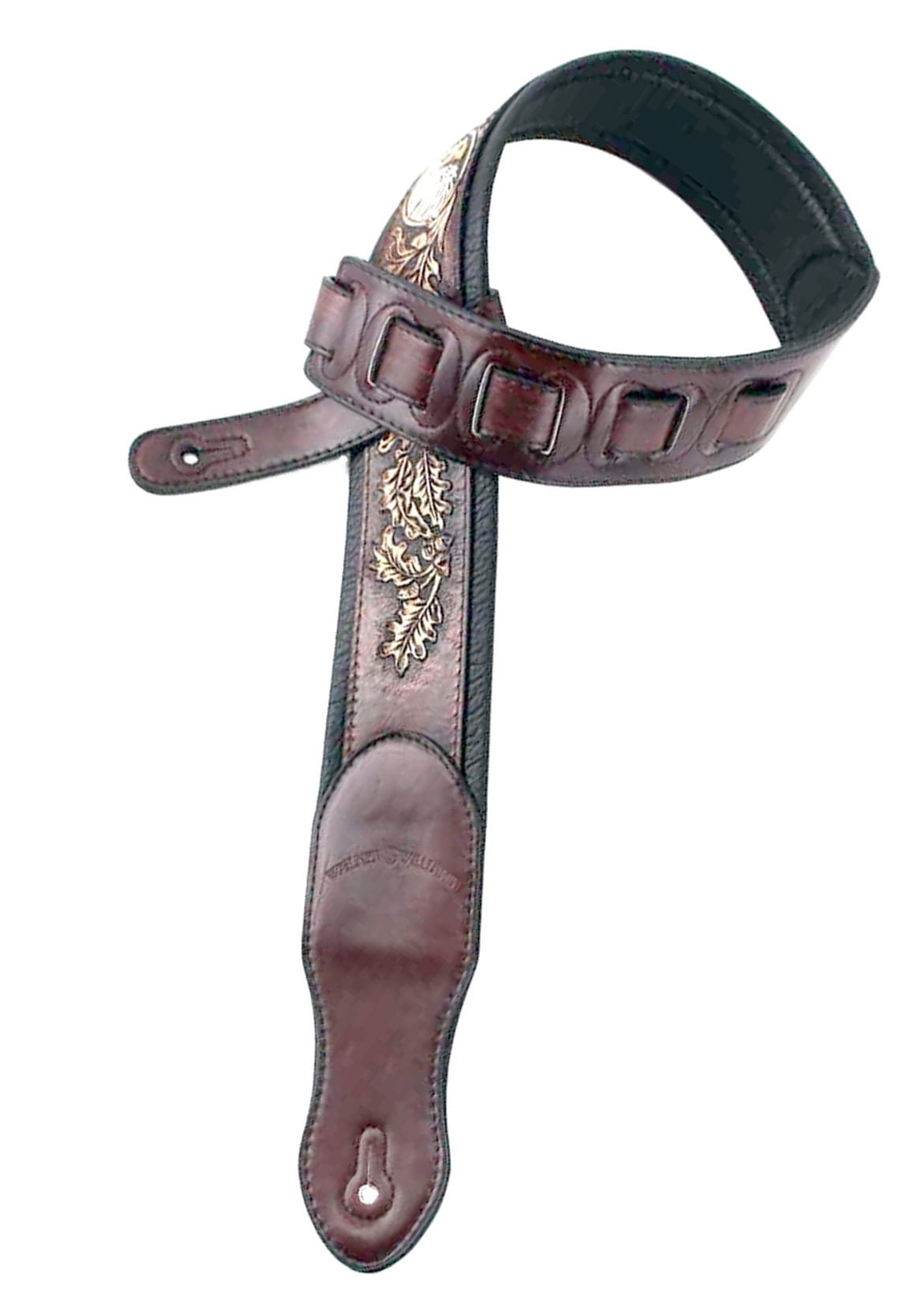 Walker & Williams KB-03-BRN Dark Walnut Brown Full Grain Center Block Carving Leather Padded Guitar Strap With American Eagle & Oak Leaves