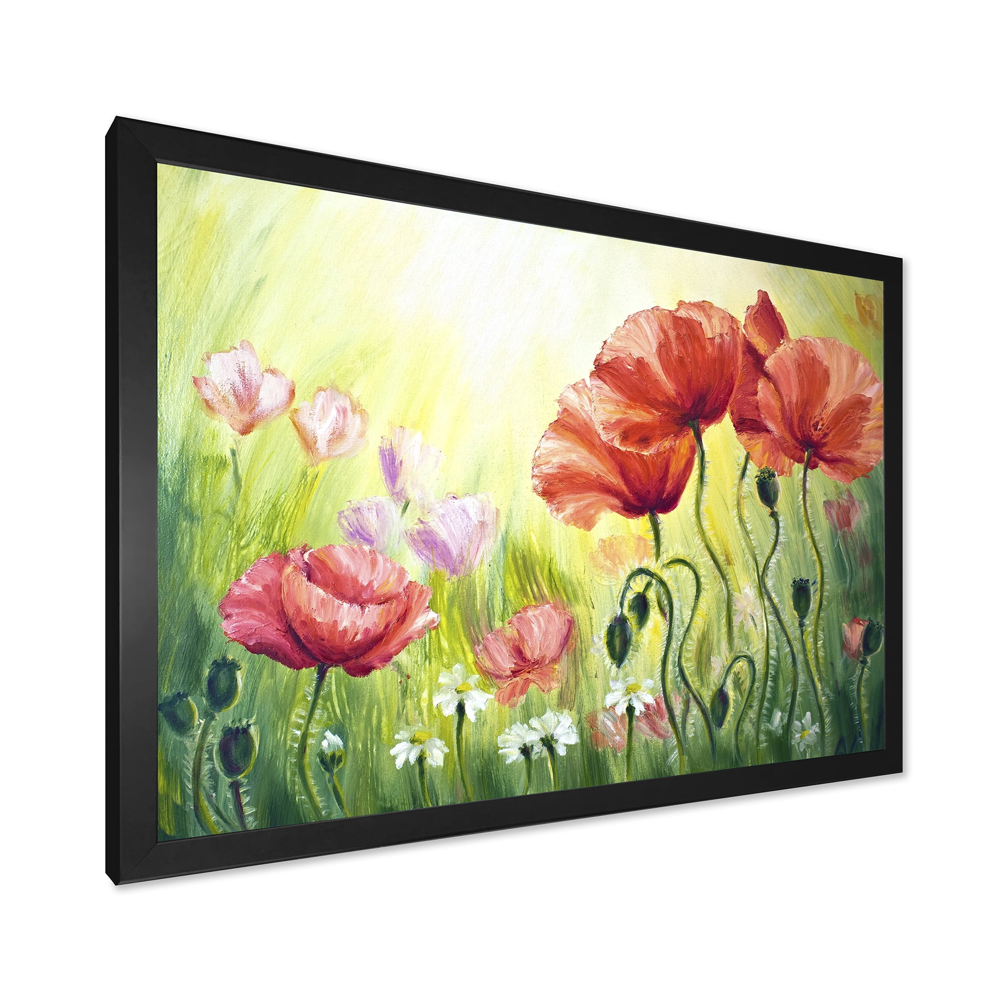 Designart 'Blossoming Red and Purple Poppies In The Morning I' Traditional Framed Art Print