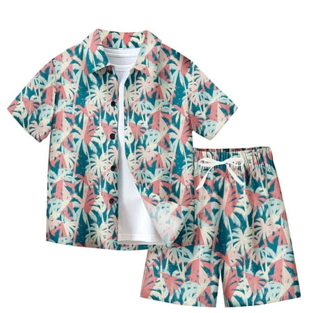 

Ismonst Boys Summer Short Hawaiian Outfit Button Down Shirt with White T-Shirt Drawstring Elastic Short Sets