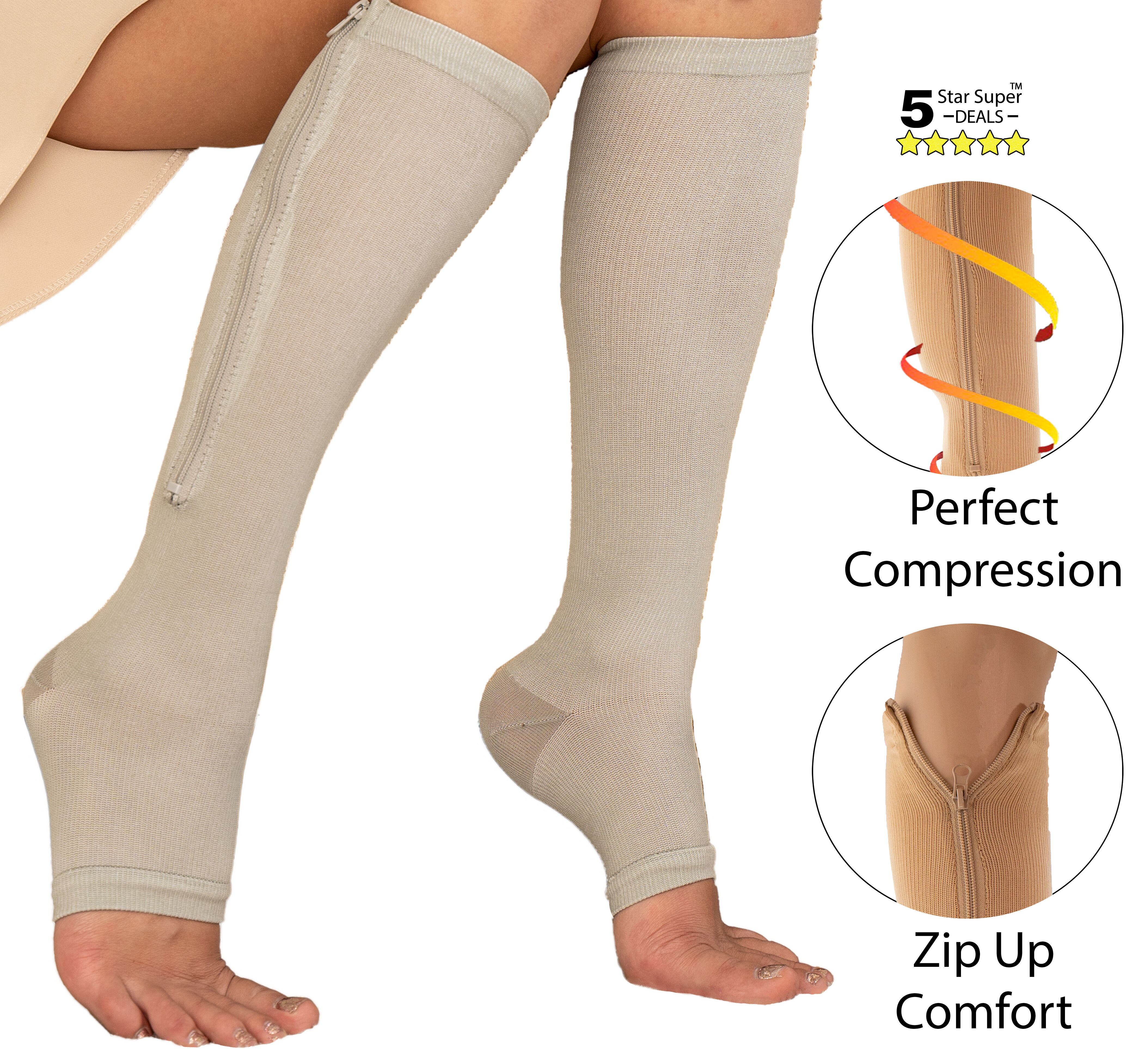 Zipper Compression Socks Open Toe Knee High Graduated Pressure