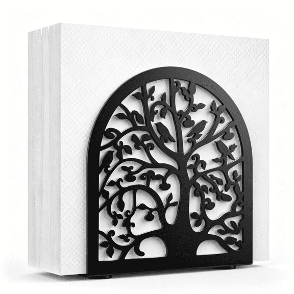 Metal Napkin Holder, Tree of Life with Bird Cutout Tissue Dispenser, Freestanding Tabletop Paper Napkin Stand for Kitchen & Dining(Black)