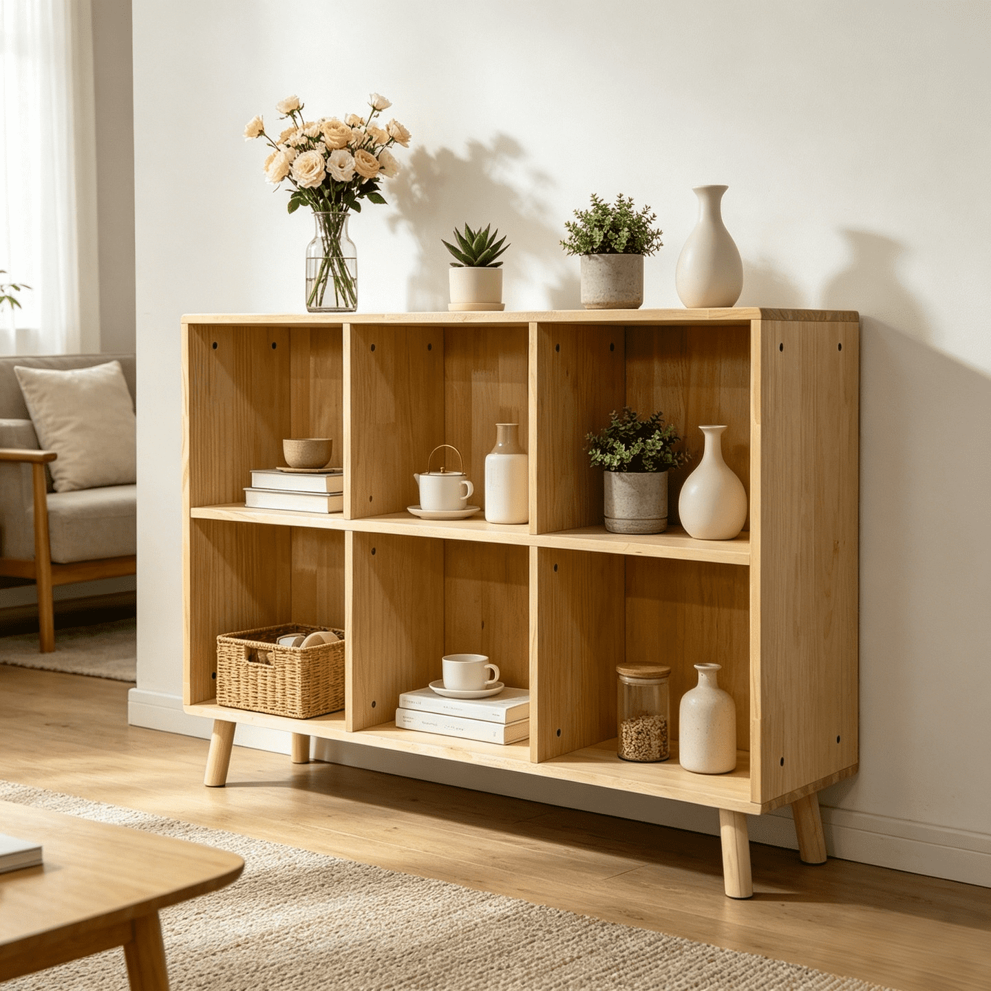 6 Cube Solid Wood Storage Shelf, Freestanding Open Bookcase with Legs, 2-Tier Cubby Organizer for Living Room, Bedroom, Office and Entryway