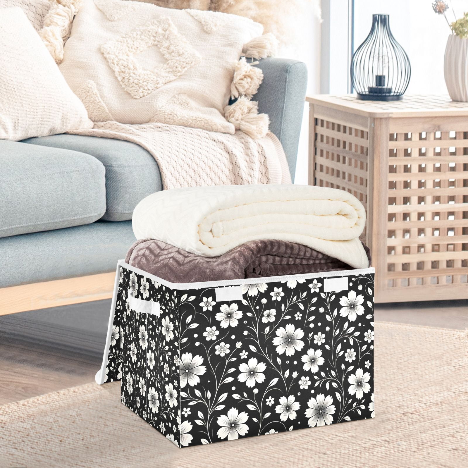 Retro White and Black Flowers Storage Basket for Shelves Foldable Container Organizer for Organizing Toys Clothes Books with Handles