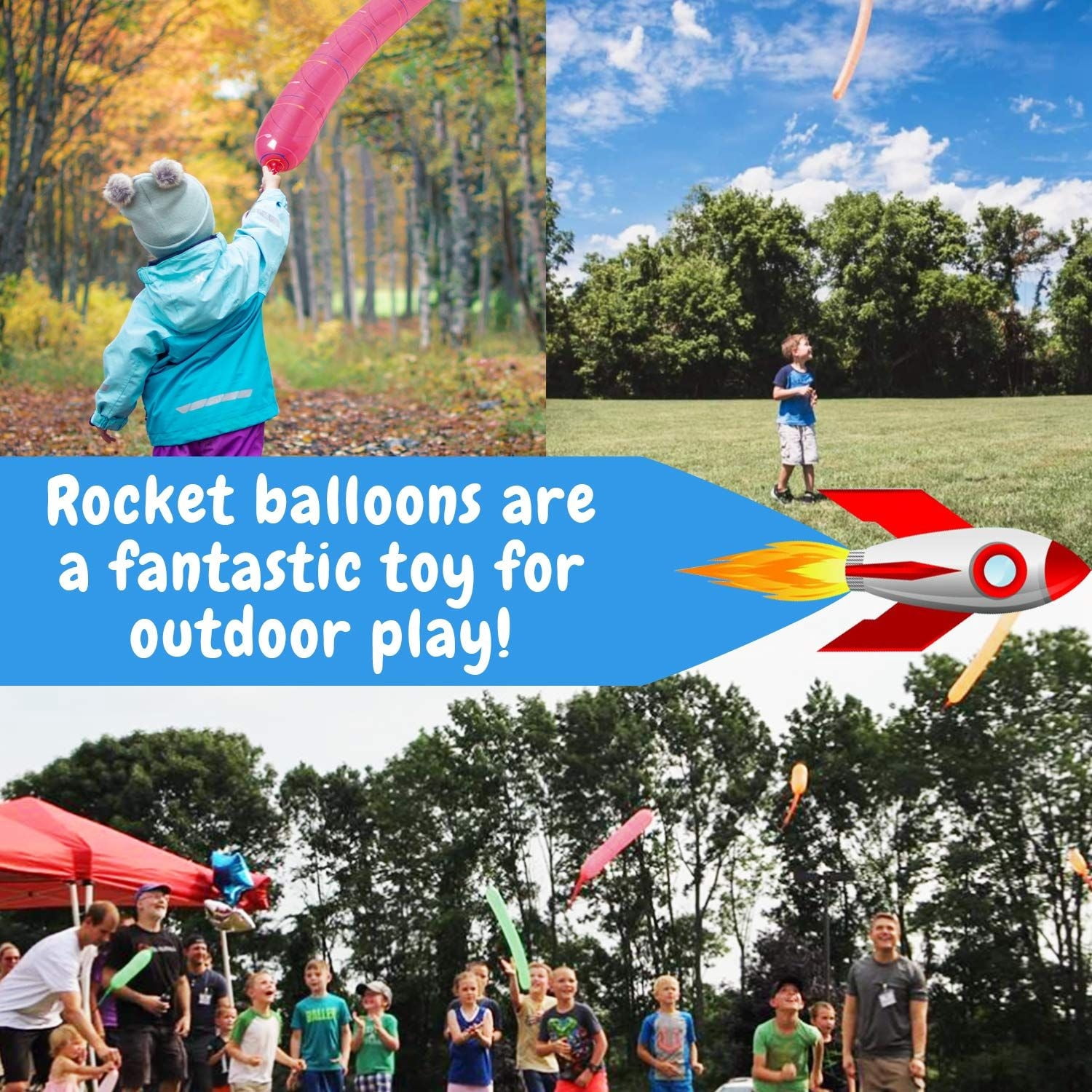 Impresa - 100-Pack of Reusable Rocket Balloons with Pump - High Quality Latex - Assorted Colors - Perfect for Parties