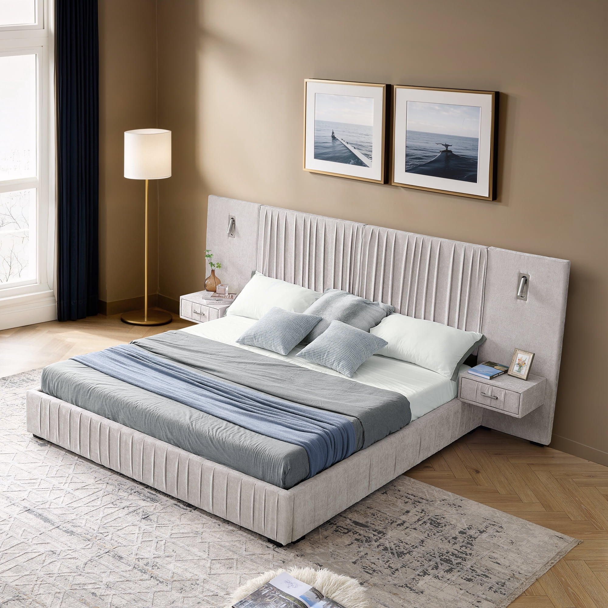 LiviNest Queen Upholstered Bed Frame: Platform Bed with Headboard & Built-in Nightstands - Integrated Adjustable Reading Lamps & Storage for Small Apartments & Modern Bedrooms