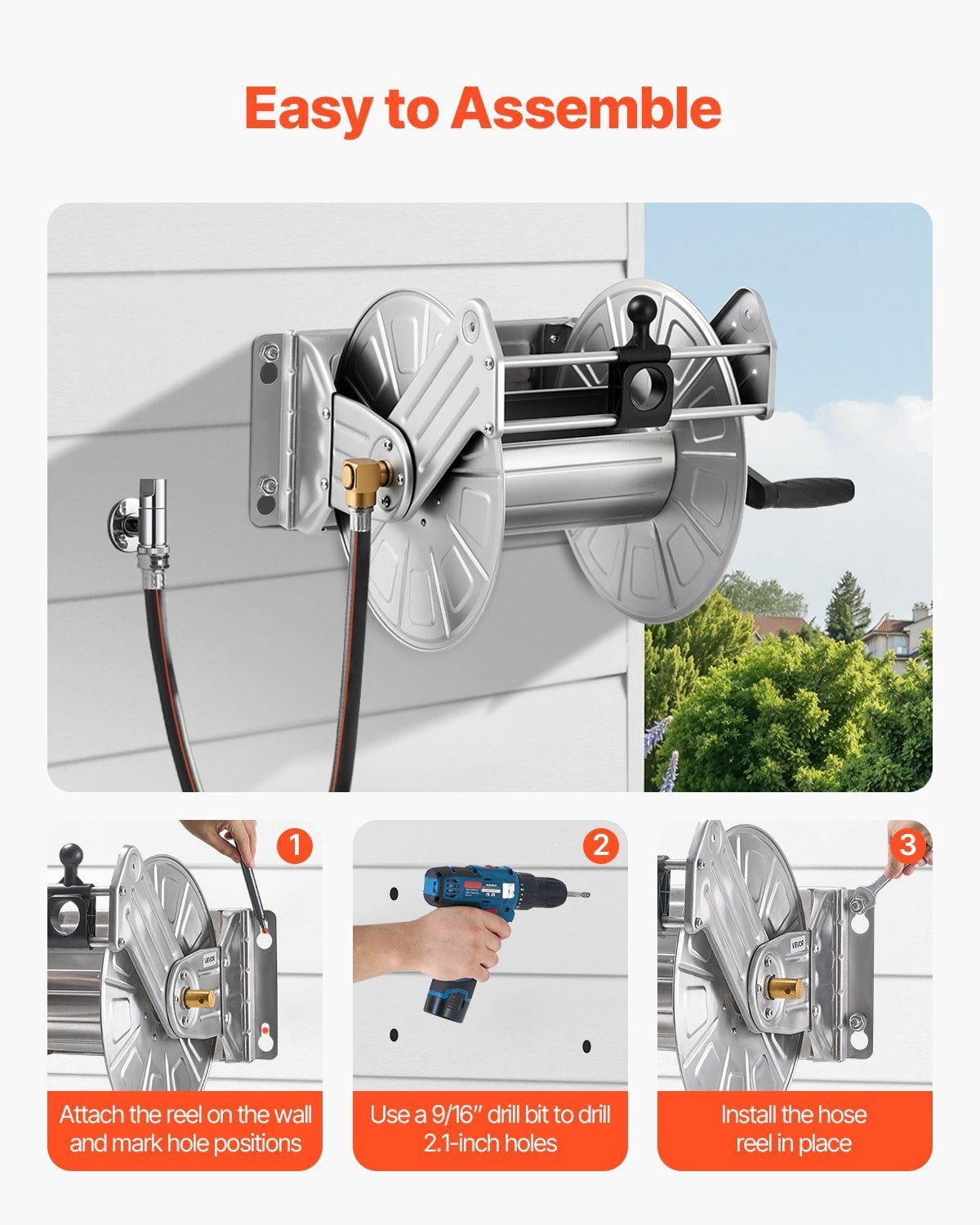 Garden Hose Reel Wall Mounted, 150ft Hose Holder, Stainless Steel Winder