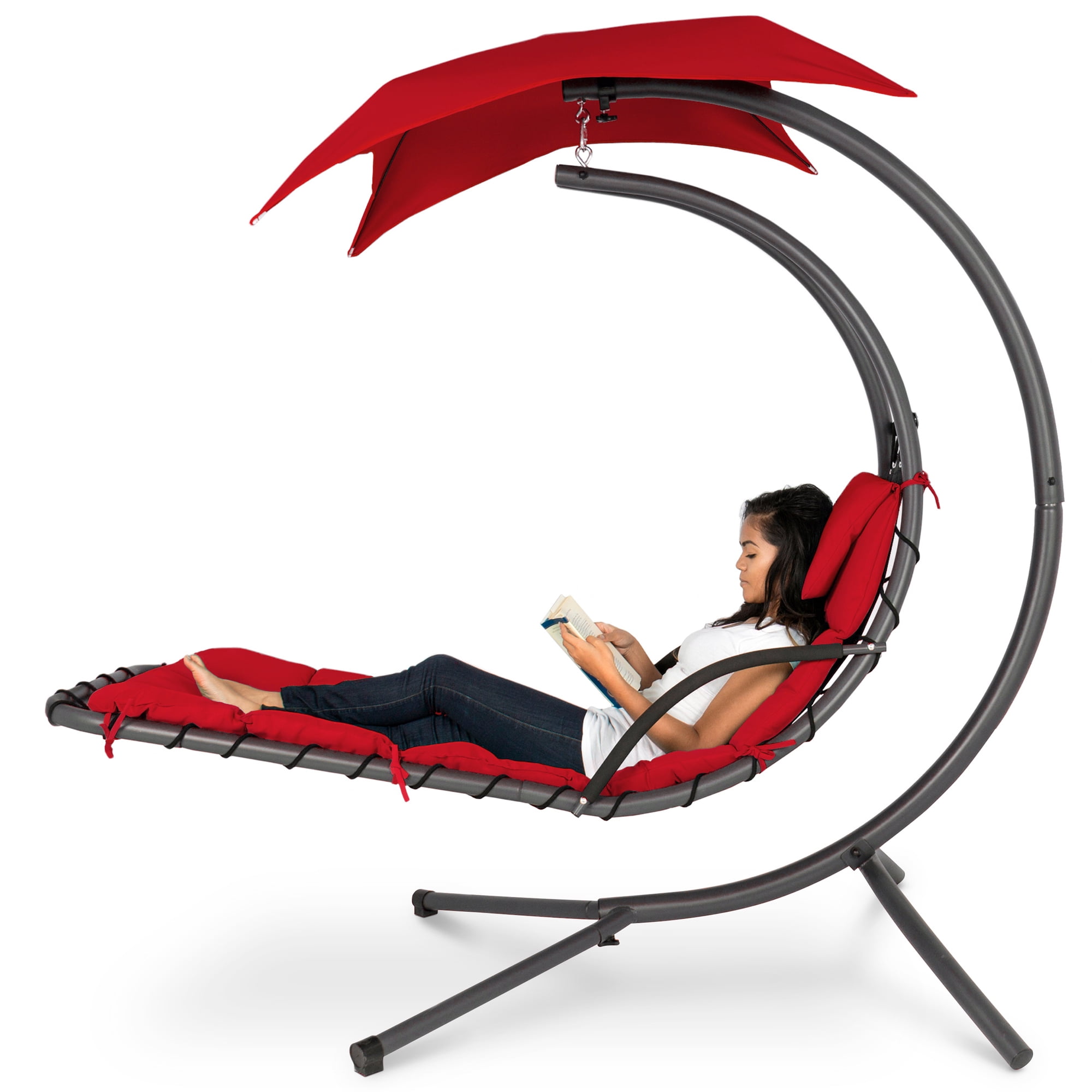 Best Choice Products Hanging Curved Chaise Lounge Chair Swing for Backyard, Patio w/ Pillow, Canopy, Stand - Red
