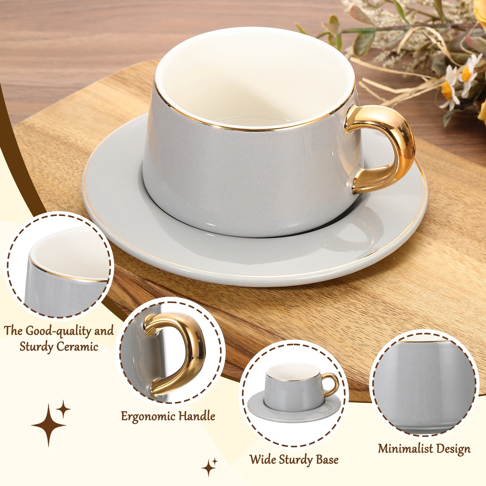 Uxcell 10oz Ceramic Coffee Mugs with Saucer Set, Creative Cute Cup with Handle Unique Irregular Design for Coffee Lovers Gift Tea Espresso Latte Kitchen Cafe Party Dishwasher, Gray