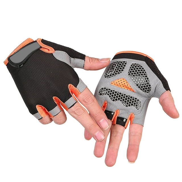 Guantes antideslizantes para levantamiento de pesas, ciclismo, fitness, medio dedo, para hombre y mujer, para deportes al aire libre, color negro y naranja, talla L