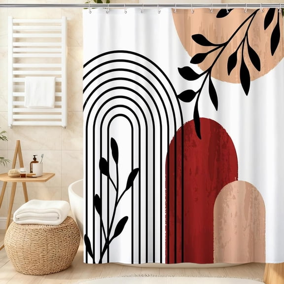 Boho Abstract Shower Curtain with Leaves and Arch Geometric Design Waterproof Fabric Bathroom Decor 71x71 inches