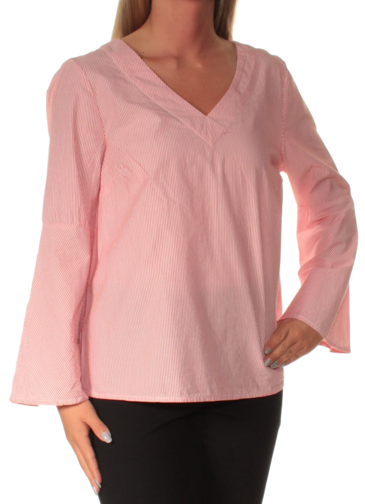 Tommy Hilfiger TOMMY HILFIGER Womens Pink Striped Long Sleeve V Neck