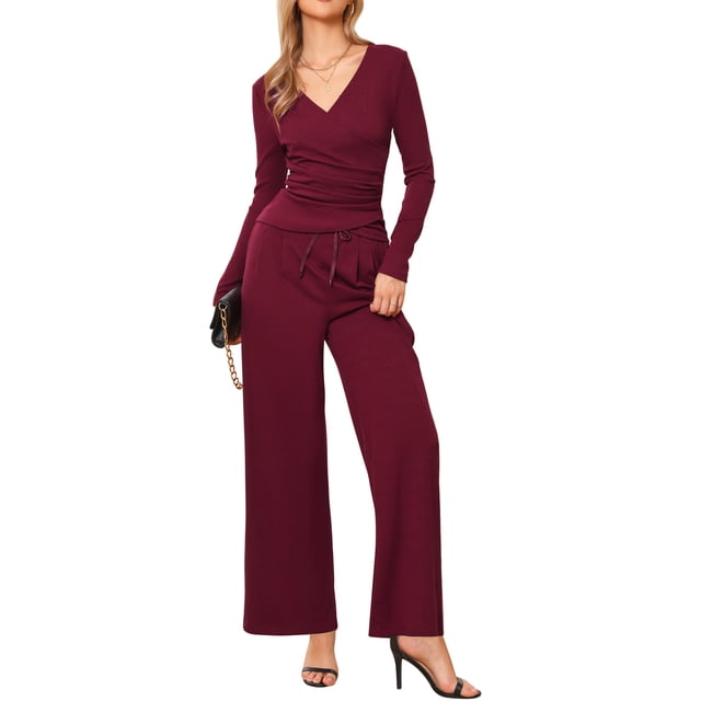 Conjuntos Casual de 2 Piezas INSPIRE CHIC para Mujeres, Manga Larga, Cuello en V, Cintura Elástica con Cordón, Pantalones Anchos, S Burdeos