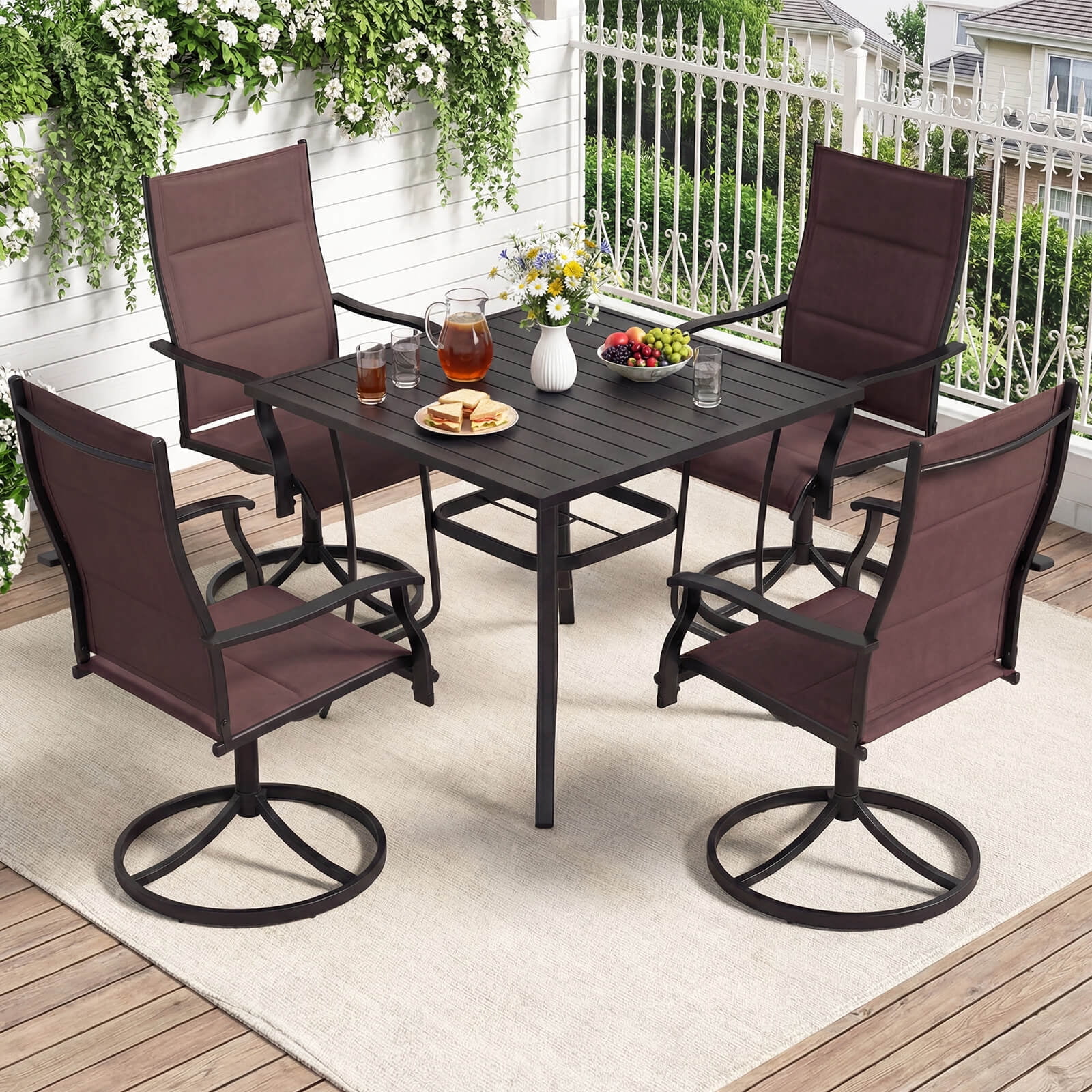 Costway 5PCS Outdoor Dining Set, 4 Swivel Chairs & Square Patio Table with Umbrella Hole Black + Brown