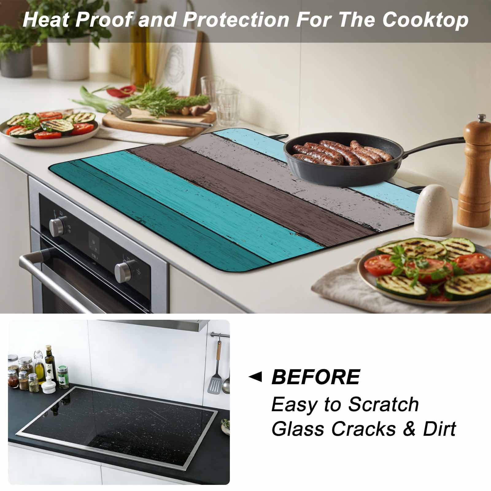 Aqua Grey Stove Top Cover for Electric Stove, Heat-proof & Non Slip Glass Top Stove Cover Protector, Vintage Stripe Farmhouse Wood Grain Ombre Kitchen Flat Cooktop Rubber Mat 31x24 Inches