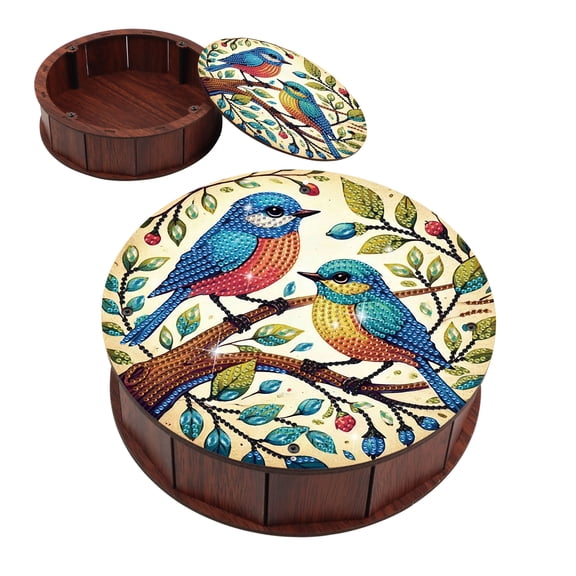 DIY Diamond Painting Kit Round Storage Box, Bird Pattern Tray Decorative Craft, Desktop Item Storage, Multifunctional Creative Holiday Gift