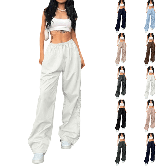 Womens Parachute Pants Y2k Baggy Wide Leg Track Pants Elastic Waist Jogger Sweatpants Hiking Pants Trousers White S