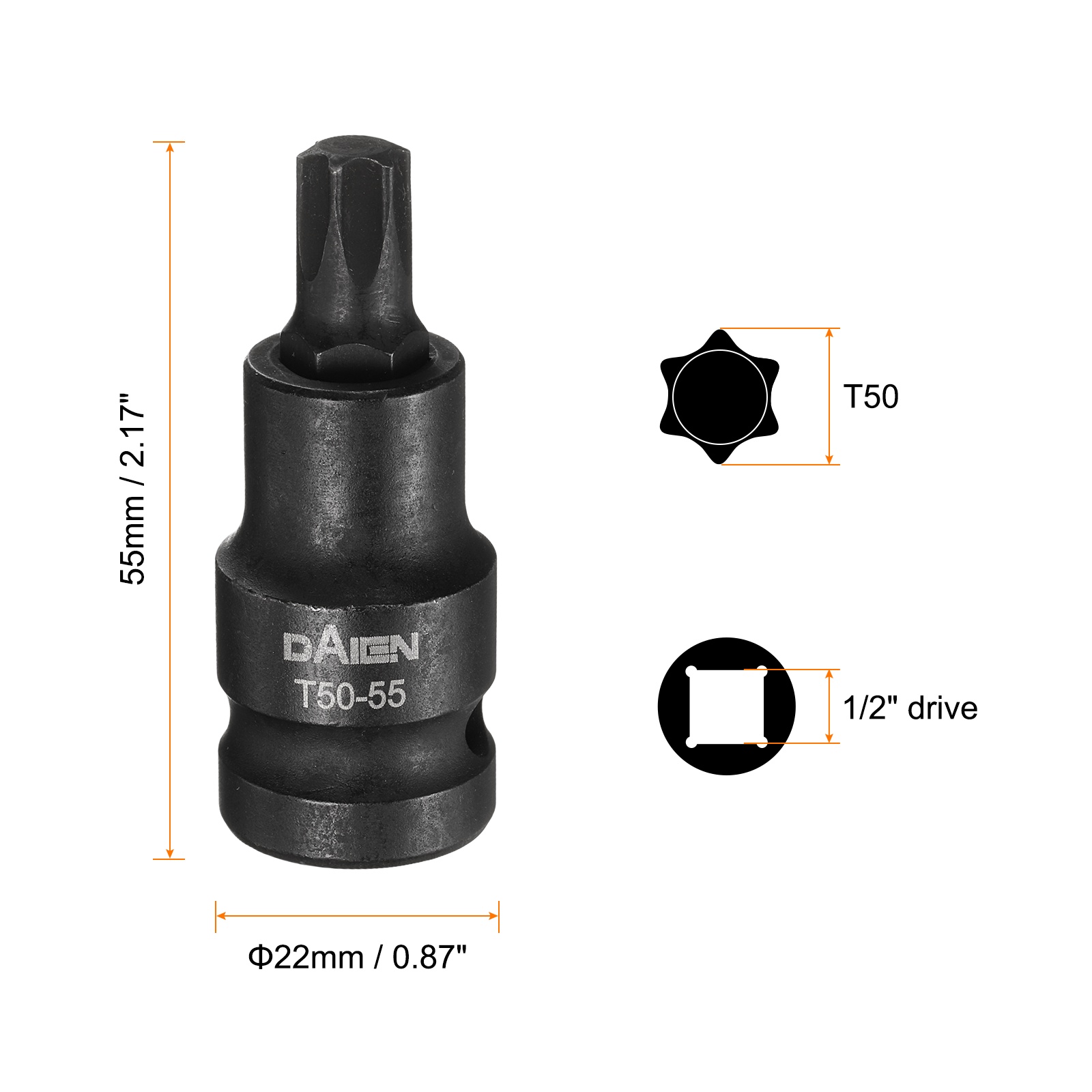 Uxcell 5pcs T50 Torx Bit Socket 55mm/2.17" Length 1/2" Square Drive Star 6 Point Extension Impact Bit Power Nut Driver Set S2 Steel Socket Ratchet Wrench Bits, Black