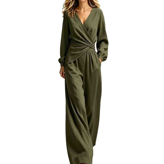 JIAYUE Women's 2-Piece Set Solid Color V Neck Irregular Long Sleeved Tops With Wide Leg Pants Outfit for Fall Festival