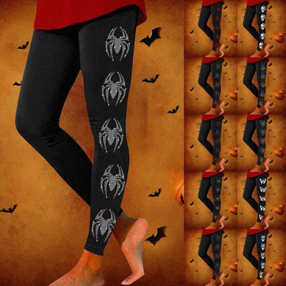 Halloween Leggings for Women Pumpkin Skeleton Witch Ghost Printed Tights High Waisted Soft Stretchy Yoga Pants(Khaki,S)