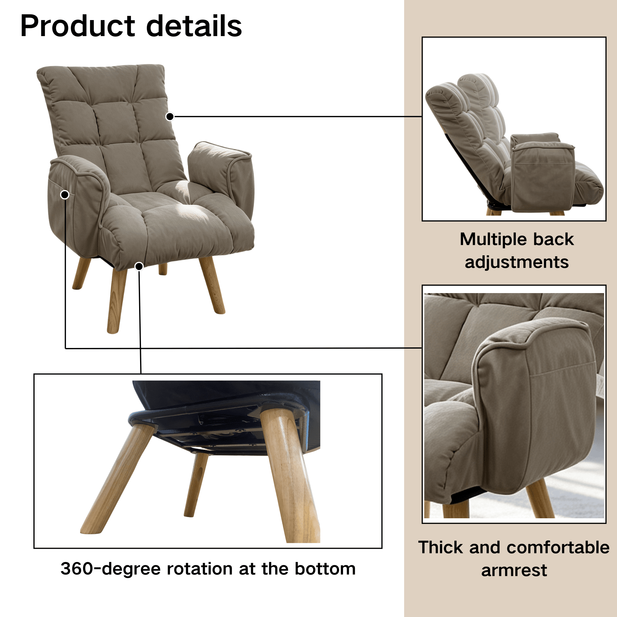 Lounge Chair with 360 Degree Rotating Seat and 3-Level Adjustable Back, Lazy Sofa Chair and Accent Seating with Solid Wood Legs for Living Room, Gray