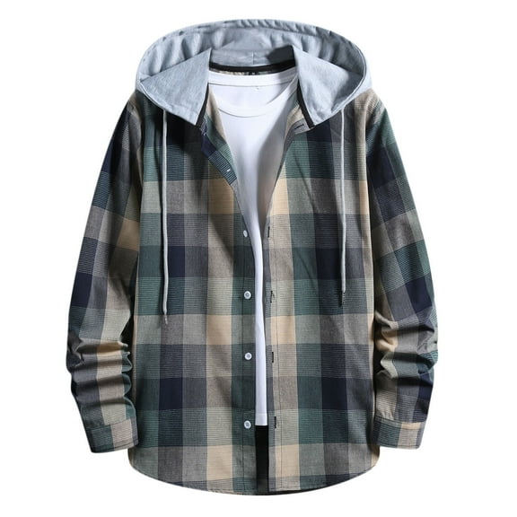 Mens Casual Hoodie Jackets Lightweight Long Sleeve Button-Up Plaid Shirt Jacket