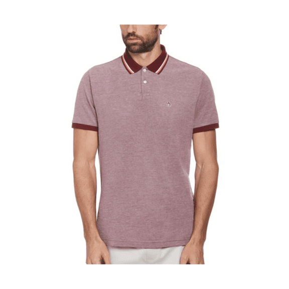 $69 Penguin Men's Tipped Short Sleeve Solid Cotton Polo Shirt, Cabernet, Size M