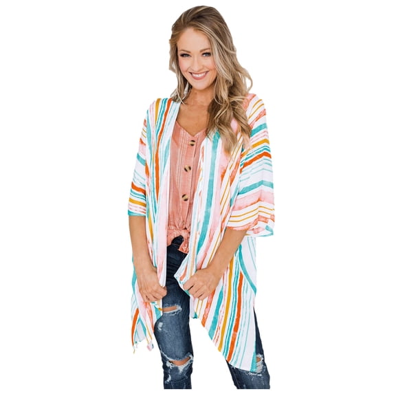 Henpk Summer Dresses for Women Striped T Shirt Dress Casual Midi Dress Short Sleeve Sundress with Pockets Flowy Kimono Cardigan Open Front Dress Printed Chiffon Blouse Loose Tops Multi-color XXL