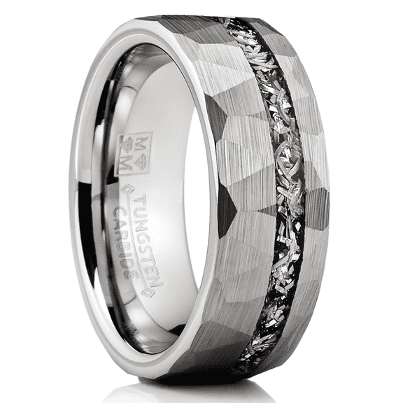 Metal Masters Mens Tungsten Carbide Ring Hammered Meteorite Wedding Band 8mm Silvertone Black