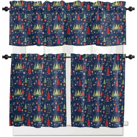 Christmas Blue Kitchen Curtains and Valances Set, Rod Pocket Curtains Tier Farmhouse Window Curtains 24 Inch Length, Xmas Green Red Pine Trees Snowflake 3 Piece Kitchen Curtains Set