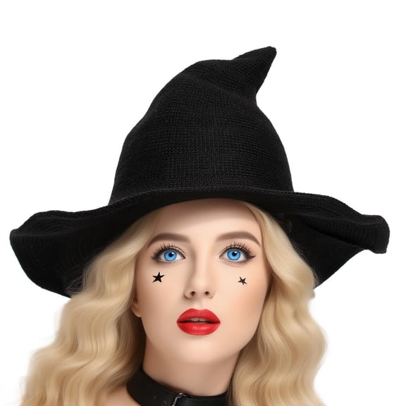 Halloween Witch Hat Costume Women, Wide Brim Foldable Pointed Cap, Witches Hats for Adults Halloween Party Costume Accessory, Black