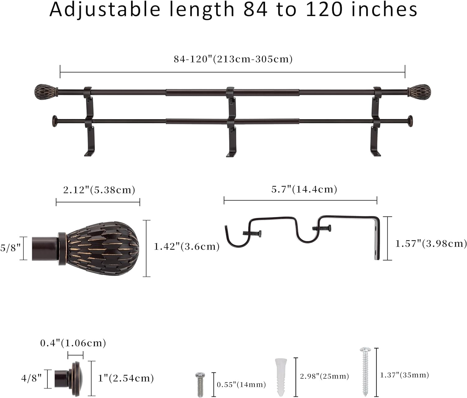 eTeckram 5/8" Double Curtain Rod with Brun Finials,Bronze Gold,84‘’-120‘’