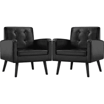 Alden Design Mid Century Modern Faux Leather Accent Chair with Solid Wood Legs, Set of 2, Black