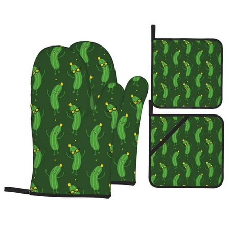 

Oven Mitts and Pot Holders 4 Piece Cucumber Pattern cute High Heat Slip Resistant Oven Mitt and Trivets Set Kitchen Oven Glove Pot Holders for Cooking Baking Grilling