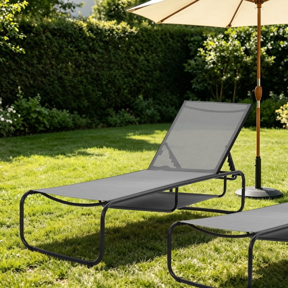 Ainfox Patio Chaise Lounge Chair, 5 Adjustable Positions Outdoor Recliner with Hidden Storage, Breathable Textilene Fabric Steel Frame,Gray