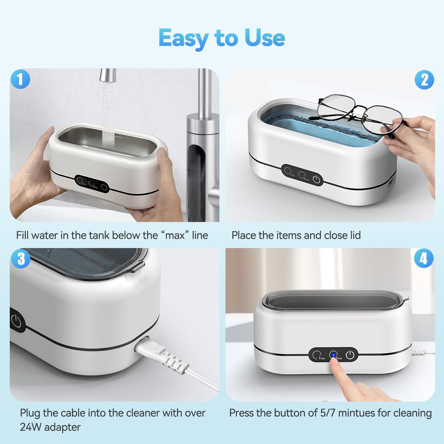 Ultrasonic Jewelry Cleaner, 48KHz Ultrasonic Cleaner Machine for Jewelry, Glasses, Rings, Retainers, Watch Strap, Dentures, 304 Stainless Steel 12.32oz Cleaning Pod