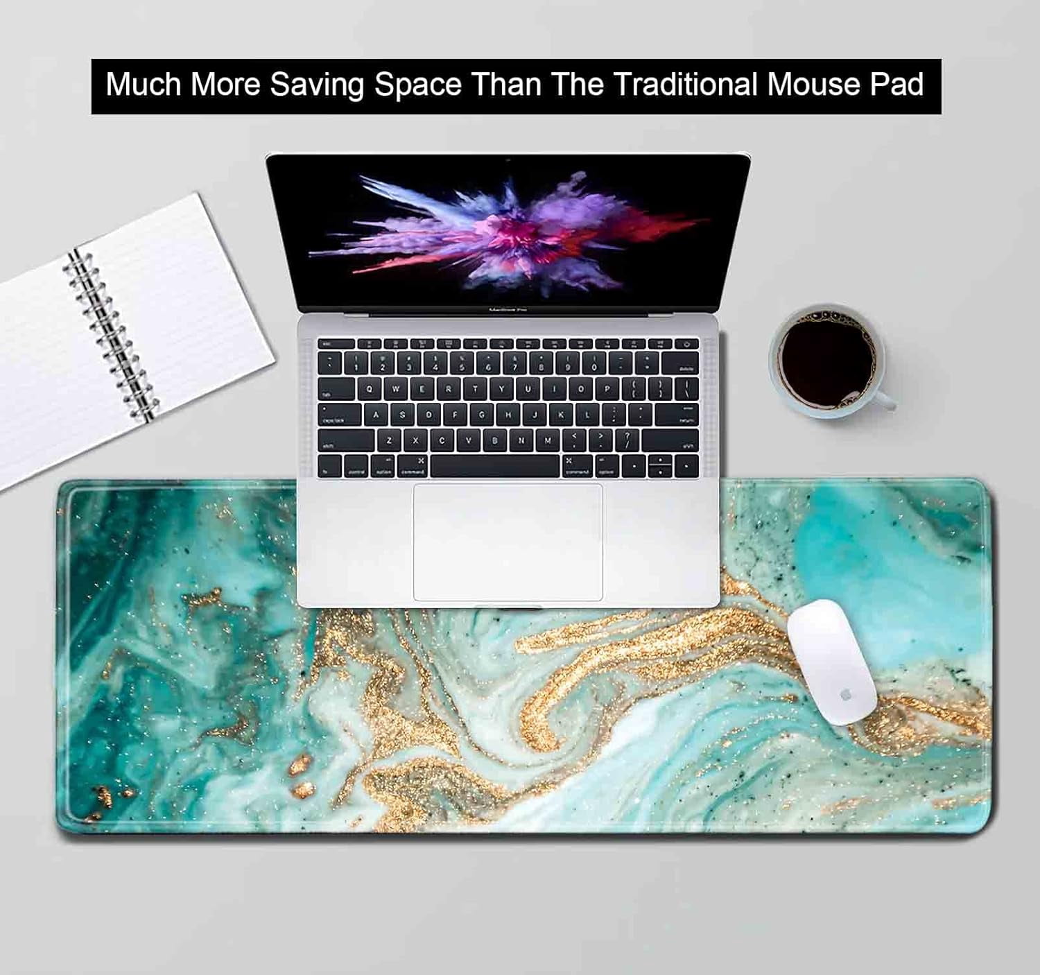 Modern Teal Green & Gold Marble Texture Art Mouse Pad - 31.5x11.8 Inch, Extended Gaming Mousepad with Stitched Edges, Rubber Base, Ideal for Work, Office, Home